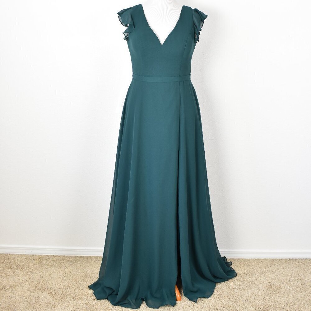 Azazie CLAUDINE Pine A-Line Flutter Sleeve Chiffon Dress NEW - 12 - Picture 2 of 11